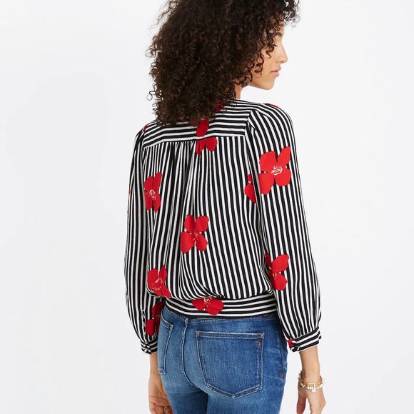 Madewell Wrap Top in Candied Orchids Black/White Striped Floral sz XL - Picture 3 of 10